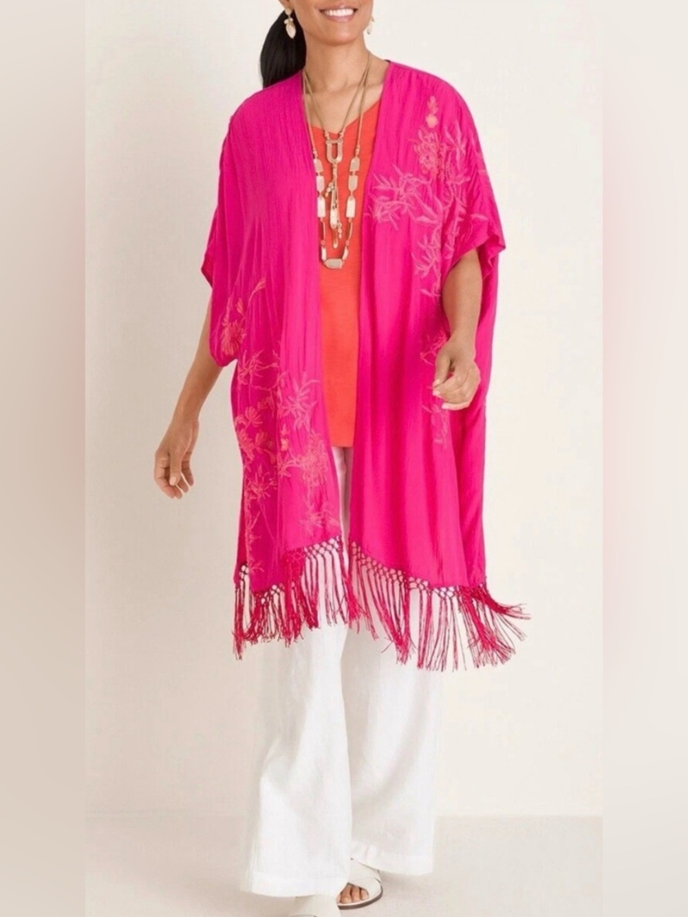 Chico’s Hot Berry Pink Floral Embroidered Fringed Ruana Wrap/Kimono One Size